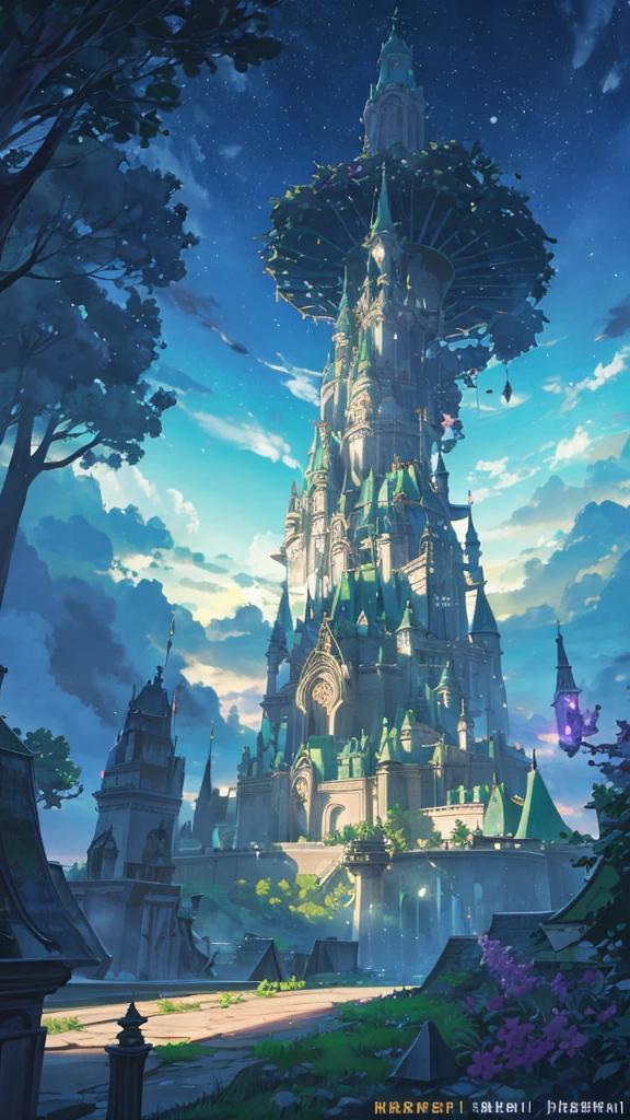 A An old castle on top of a giant tree in the middle of a dense forest with a magical aura emanating from inside the castle surrounded by trees and plants. fantasy world with tall, snowy mountains reaching into the sky through the clouds,