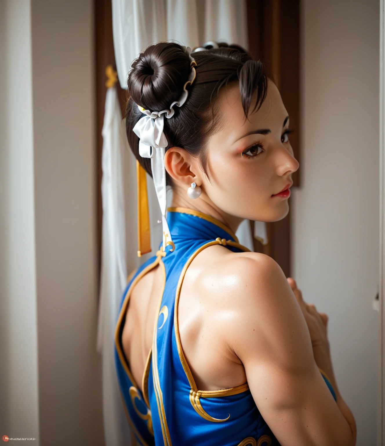 Create a Chun-li&#39;s face, de Street Fighter 2, 25 year old busty woman being hugged by two muscular black men, 25 year old Chun-Li with two black men, very big and round ass, lightly muscular style, Huge-breasted Chun-Li wearing classic blue costume
