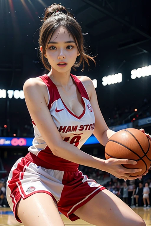 4K，masterpiece，High resolution，Very complicated，Realistically，((Sweaty 1.5))，((Shiny skin 1.5))， whole body，Summer noon， Play basketball，Basketball Pose，Basketball Uniform，Thighs， 1990s\（style\），White skin，(Sweaty cleavage 1.2)， (Highest quality), (High resolution), (Extremely delicate and beautiful),Beautiful 8k face,(Brown eyes),(Beautiful breasts),(Basketball Sportswear),((Play basketball)),((Basketball court background)),， closeup cleavage，Highest quality， RAW Photos， Realistically， Cute face， Buatigarh， Adorable， Pink shorthair， Depth of written boundary， Super detailed， Cinema Lighting