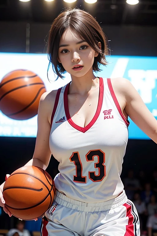 4K，masterpiece，High resolution，Very complicated，Realistically，((Sweaty 1.5))，((Shiny skin 1.5))， whole body，Summer noon， Play basketball，Basketball Pose，Basketball Uniform，Thighs， 1990s\（style\），White skin，(Sweaty cleavage 1.2)， (Highest quality), (High resolution), (Extremely delicate and beautiful),Beautiful 8k face,(Brown eyes),(Beautiful breasts),(Basketball Sportswear),((Play basketball)),((Basketball court background)),， closeup cleavage，Highest quality， RAW Photos， Realistically， Cute face， Buatigarh， Adorable， Pink shorthair， Depth of written boundary， Super detailed， Cinema Lighting