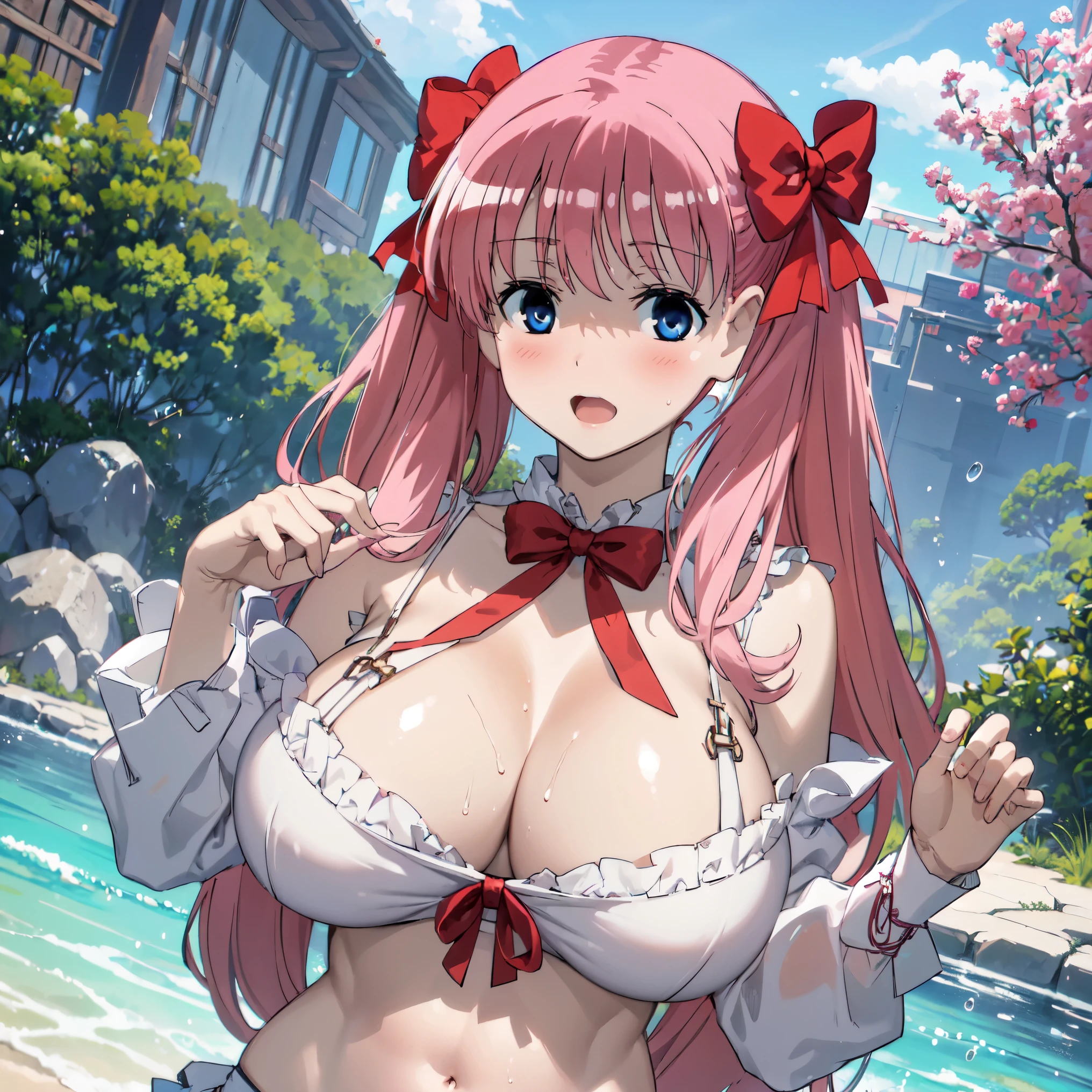 1women,  ((huge tits)),  bra, panties, busty, thick, outdoor, river, wet skin, ((busty)), pink hair, blue eyes, twintail hair, open mouth, hair ribbon, view at camera, upperbody, smile, closed eyes, blush face