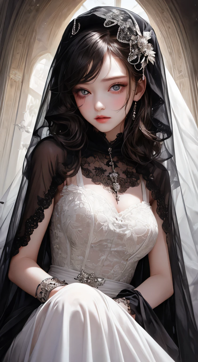 ((masterpiece, Highest quality, Very detailed, High resolution)), alone, beautiful girl, Shining Eyes, Perfect Eyes, ************, Black White Gold theme,Gothic、Lace Face Veil
