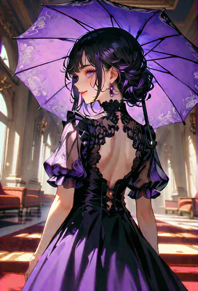 Style 14，woman，I have an old umbrella，Turn your back，In a luxurious palace，smile，Long Hair、Purple mesh hair