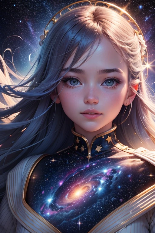 Attention to detail, Super Detail, Ultra-high resolution, A girl having a good time in a dream galaxy, Surrounded by stars, The warm light that shines on her, The background is a starry sky with colorful galaxies and galactic clouds, The stars fly around her, Delicate face, Add a playful touch , --v6