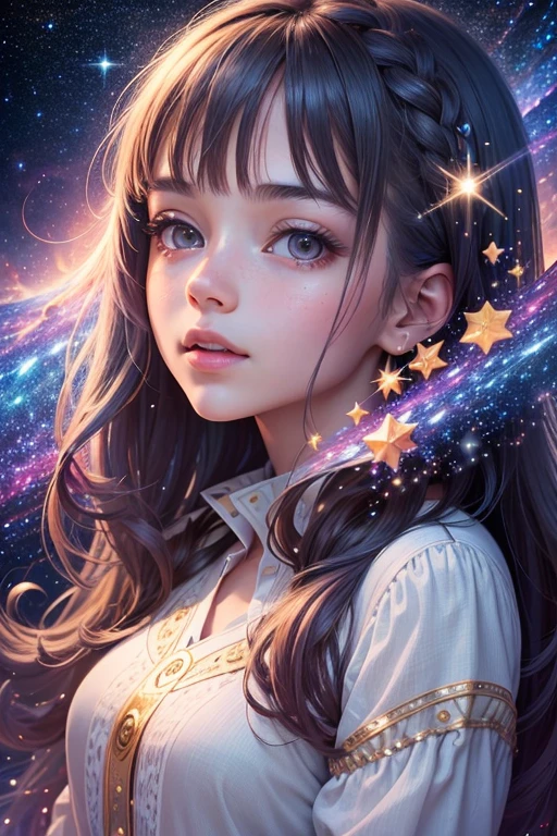 Attention to detail, Super Detail, Ultra-high resolution, A girl having a good time in a dream galaxy, Surrounded by stars, The warm light that shines on her, The background is a starry sky with colorful galaxies and galactic clouds, The stars fly around her, Delicate face, Add a playful touch , --v6