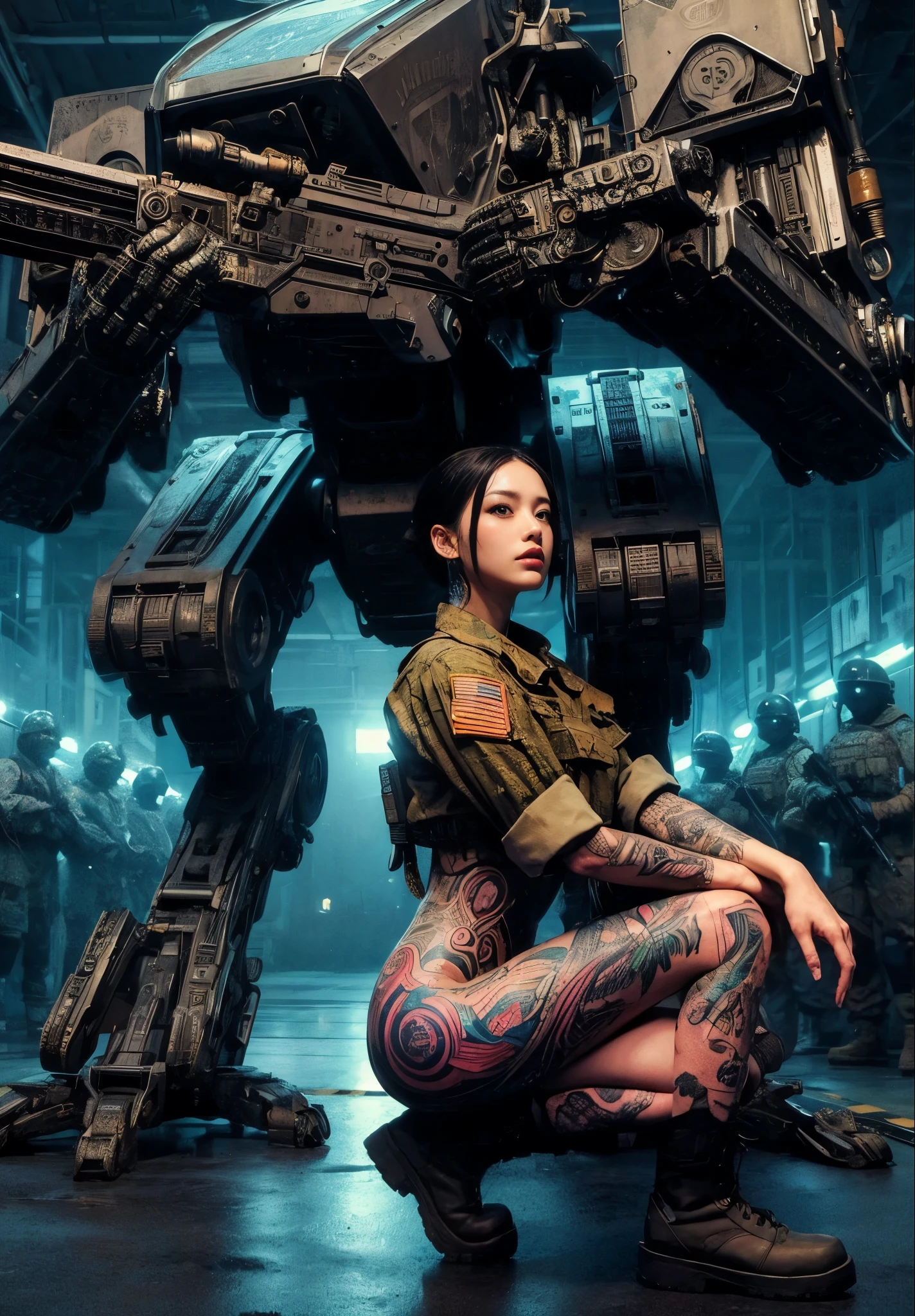 8k,Realistic Photo、Realistic Skin Texture、Superrealism、Japanese women in the U.S. military、Tattoo、In front of a large wheel-driven robotic weapon