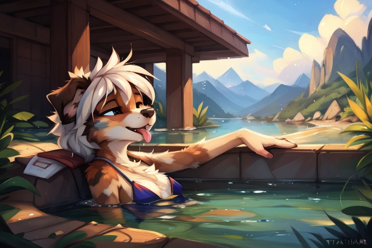 High quality, 8K, by kenket, by swaybat, by reysi, by Zackary911, by hyattlen, by teranen, by fumiko, by Pixelsketcher, by Bayard Wu, by Einshelm, by Kilinah, by Hioshiru, by fluff-kevlar, by Dimwitdog, Furry, Anthro, solo, ((australian shepard)), ((female)), ((young)), fluffy tail, slender, ((short white hair)), chest fluff, short, small breasts, ancient greek bath house, misty atmosphere, face close up, body Underwater, eyes closed, relaxing, mouth open, head leaning back, dutch angle, bikini, close up on face, visible breath, sigh, exhale, panting, tongue, wet fur, wet hair, legs poking above water, beach, mountains,