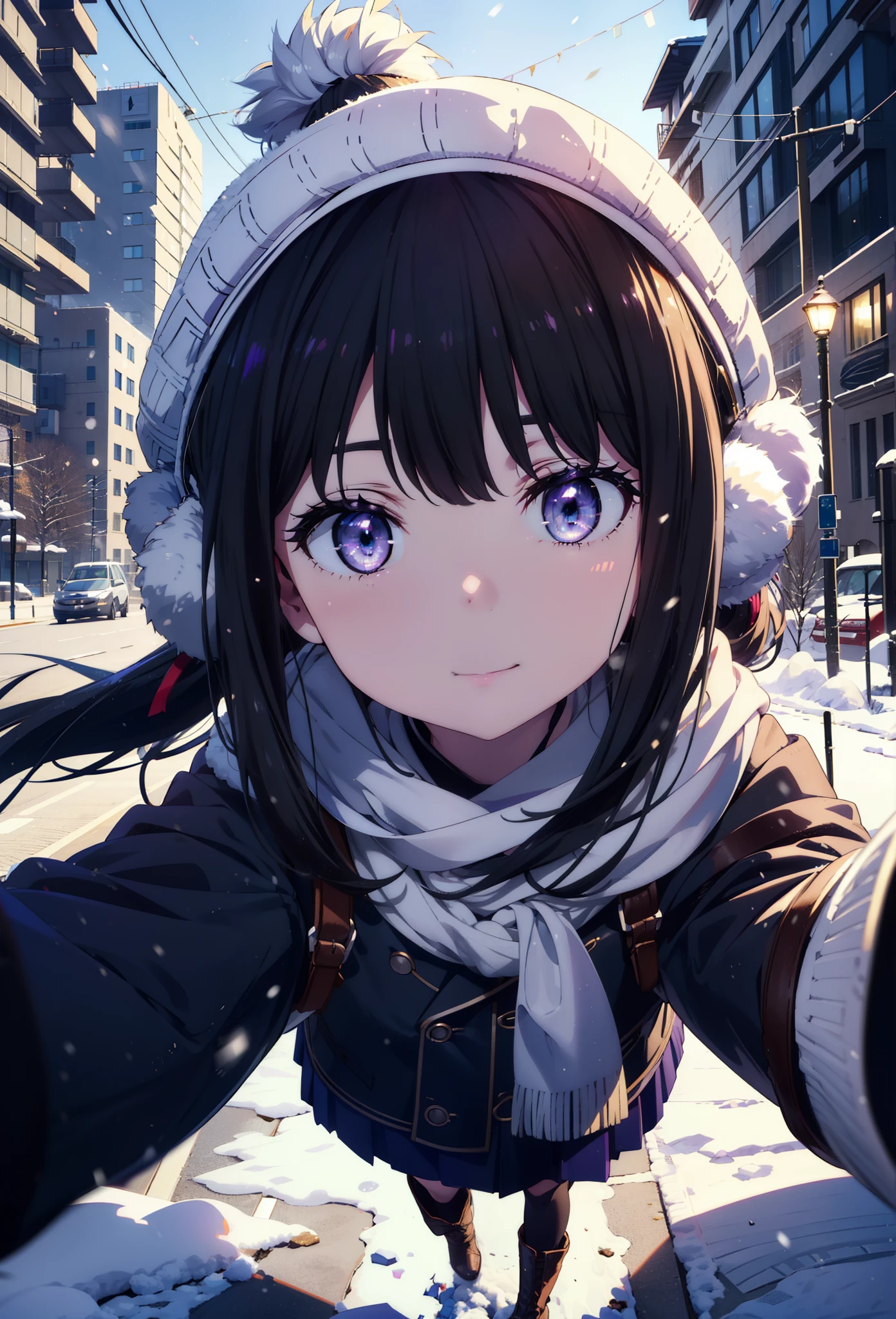 Takiuchikami,Long Hair, bangs, Black Hair, (Purple eyes:1.2),happy smile, smile, Open your mouth,Knitted hat,Earmuffs,Blue oversized coat,White scarf,Long skirt,Black pantyhose,short boots,snowが積もっている,snowが降っている,winter,Cold Sky,night,moonlight,snow,snow,snow,snow,whole bodyがイラストに入るように,Walking,
break looking at viewer, whole body,
break outdoors, city,construction area,
break (masterpiece:1.2), highest qualそれy, High resolution, unそれy 8k wallpaper, (shape:0.8), (Beautiful and beautiful eyes:1.6), Highly detailed face, Perfect lighting, Extremely detailed CG, (Perfect hands, Perfect Anatomy),