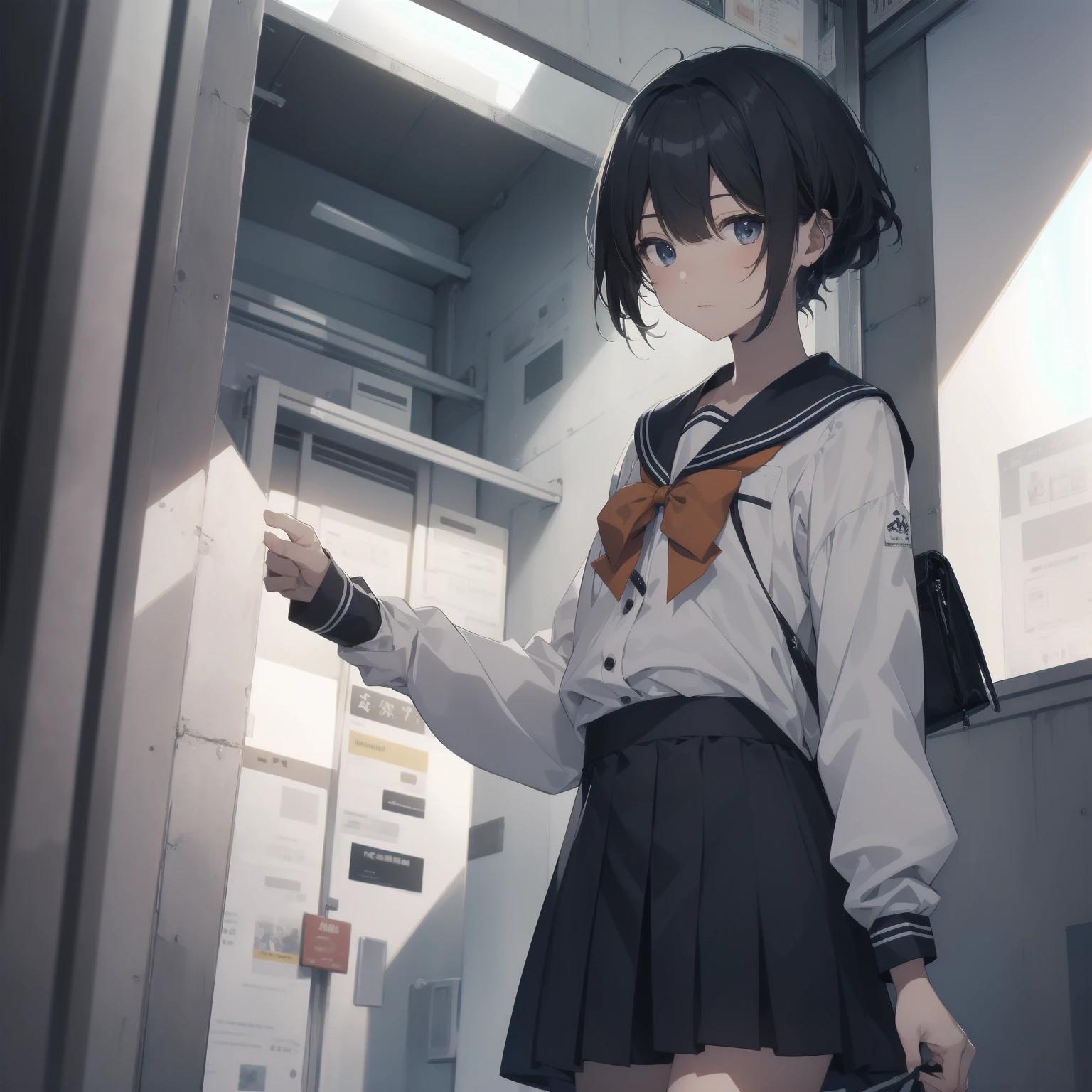 ultra-absurdres-Top quality by artist God, ultra-detailed, high resolution, anime moe artstyle, best anime 8k konachan wallpaper, pixiv contest winner, pool:2810, perfect anatomy,break, 1girl, (Please draw a girl walking sleepily to school alone. )break,(Solo,little female, -yeld:1.Full limbs, complete fingers,a junior hihort hair), short cut, flat chest, , small butt, small black eyes, beautiful detailed eyes, well-proportioned iris and pupils, expressive eyes, highres detailed hair, soft expression, salor school_uniform, sailor collar, serahuku, bow, pleated skirt,(Detailed Lighting), (Detailed background), in the School commute route. break,super detailed skin, Best cinematic lighting powered by famous artist, 8k,beauty illustration,photoshop_(medium),very aesthetic,break,((artist:kashikaze )), artist:clamp ,artist:carnelian ,artist:kantoku ,
