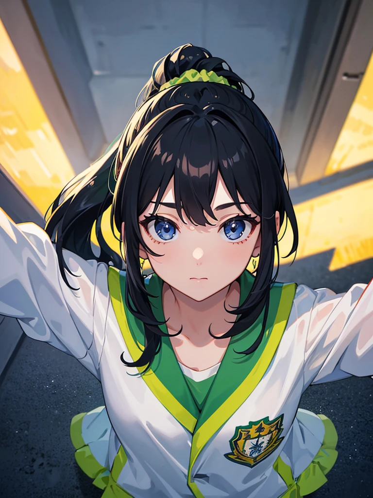 From above,(8k、Ultra-high resolution、Highest quality、masterpiece),A girl with a ponytail wearing a light green soccer uniform looking at the viewer,Blue Scrunchie,Black Hair,black eye,School grounds in the evening,Beautiful and perfect face, Perfect Eyes