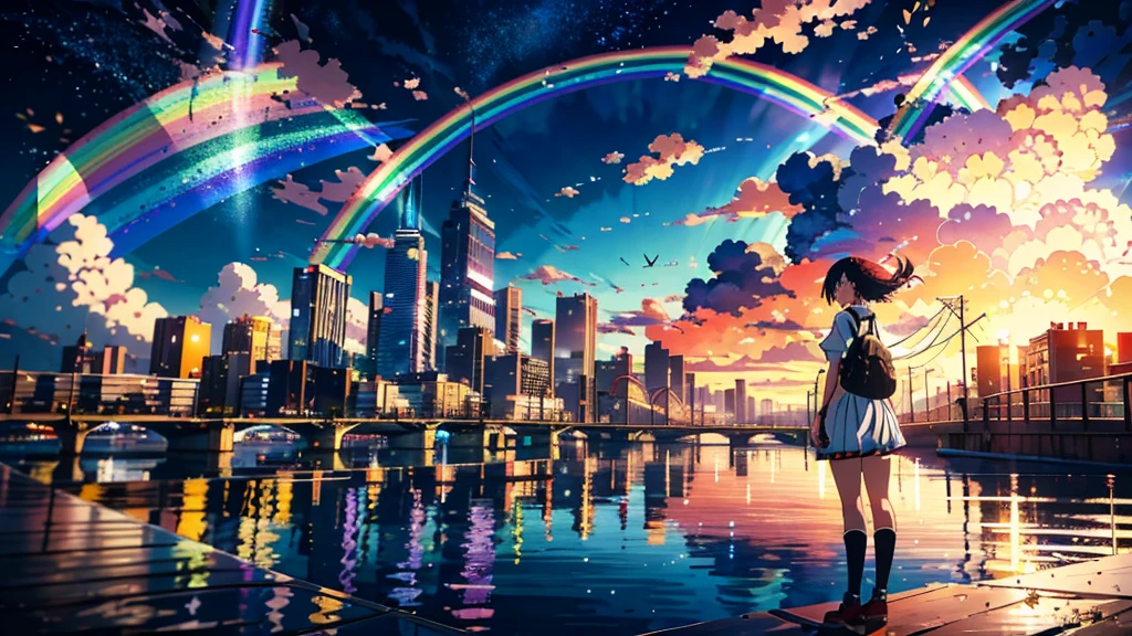 ((Rainbow Giant))、Anime girl looking at the big city scenery,近future都市、 Makoto Shinkai Cyril Rolland, anime art wallpaper 4k, anime art wallpaper 4k, Anime Art Wallpapers 8K, Inspired by Cyril Rolland, Dan Mumford&#39;s Artwork Style, dawn、wonderful壁紙, By Yuumei、16K, Ultra-high resolution, Ultra-high resolution, to be born,wonderful ,future、Iridescent、The world 30 years from now。