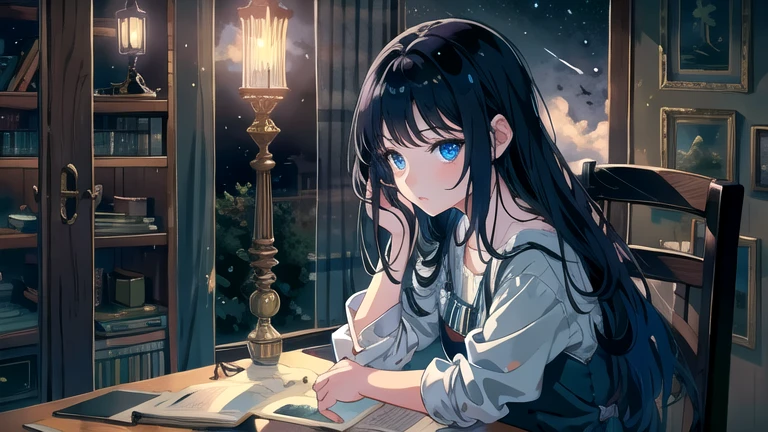 Create an illustration of a girl with black hair and blue eyes, sitting in a chair in front of a desk, Sentimental, Introspective look。, The moonlight gently shines into the room, Gently illuminate the space, Curtains sway in the wind, Increase tranquility, Dark mood, Emphasise the theme of loneliness, silence, And the depths of night, The room is dark、dimly lit by the moonlight