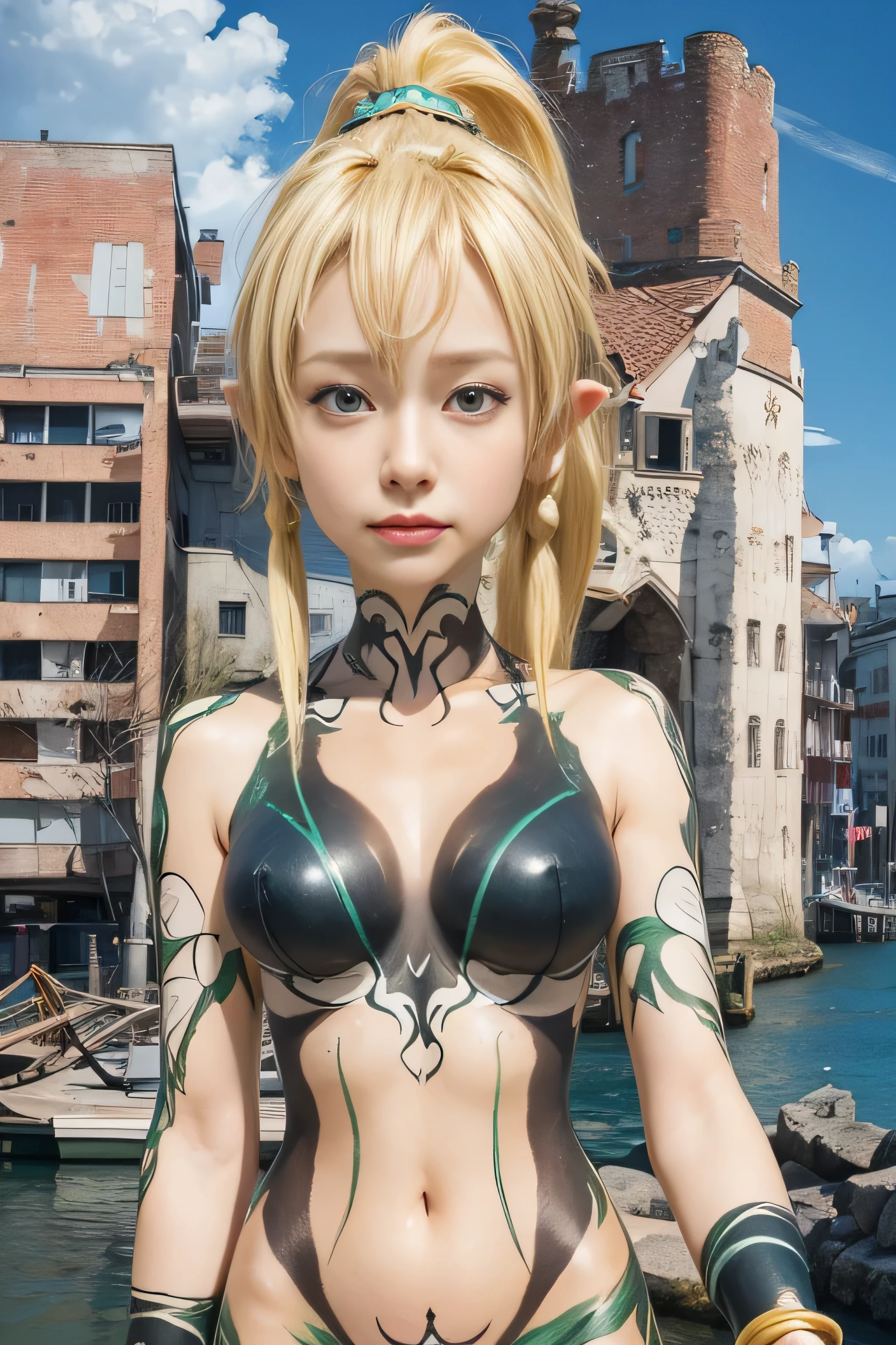masterpiece, best quality, (realistic,photo-realistic:1.4), (RAW photo:1.2), extremely detailed CG unity 8k wallpaper, delicate and beautiful, amazing, finely detail,official art, absurdres, incredibly absurdres, huge filesize, ultra-detailed, extremely detailed, extremely detailkcaled girl,extremely detailed eyes and face, light on face,little smiles,(long hair:1.3),(blonde hair:1.3),room,nature,medium breast,leafa,(body painting,:1.5),(ponytail:1.4)