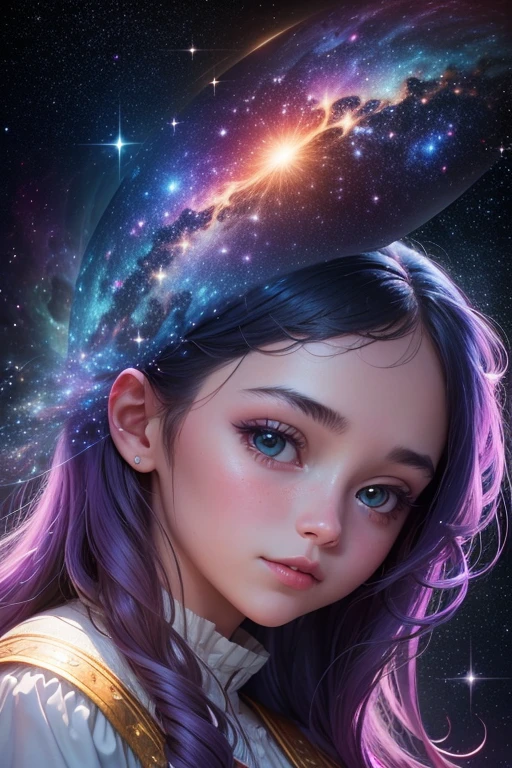 Attention to detail, Super Detail, Ultra-high resolution, A girl having a good time in a dream galaxy, Surrounded by stars, The warm light that shines on her, The background is a starry sky with colorful galaxies and galactic clouds, The stars fly around her, Delicate face, Add a playful touch , --v6