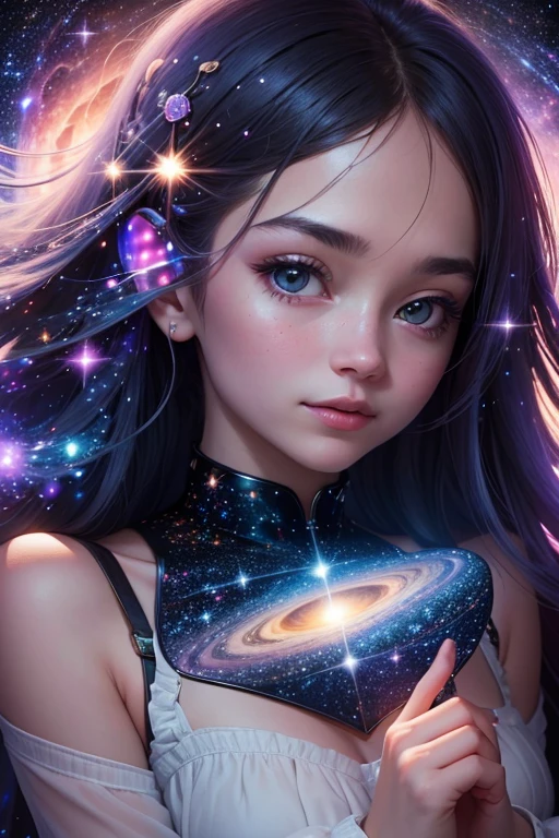 Attention to detail, Super Detail, Ultra-high resolution, A girl having a good time in a dream galaxy, Surrounded by stars, The warm light that shines on her, The background is a starry sky with colorful galaxies and galactic clouds, The stars fly around her, Delicate face, Add a playful touch , --v6