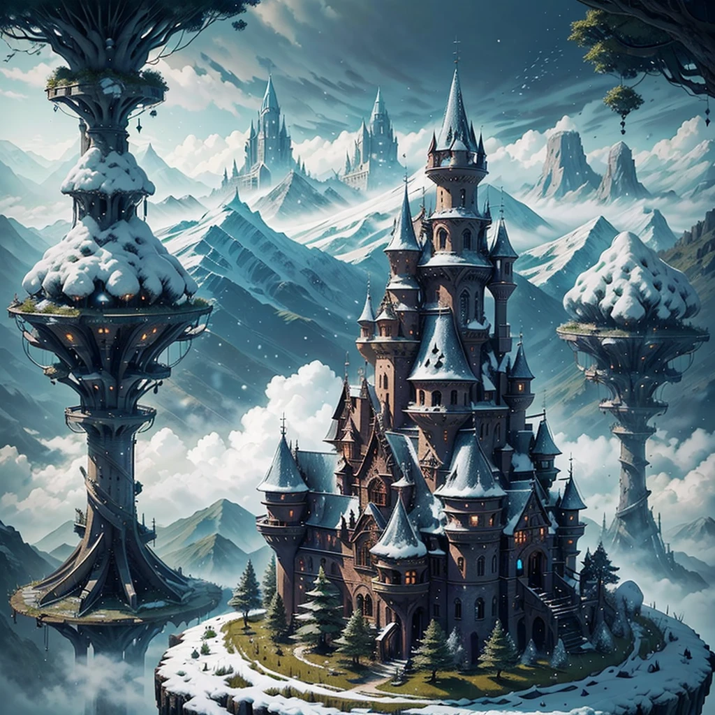 A An old castle on top of a giant tree in the middle of a dense forest with a magical aura emanating from inside the castle surrounded by trees and plants. fantasy world with tall, snowy mountains reaching into the sky through the clouds,