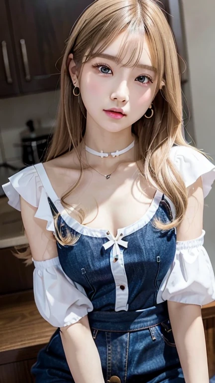 ((Flared sleeve blouse with cross charm、Ribbon denim camisole dress))Extraordinary sexy beauty、beautiful, calm and bright look、Sexy and refreshing look、完璧なbeautifulcute顔、Very bright, Bright Blue Eyes、Long bangs between the eyes、Long platinum blonde straight hair、とてもcute、beautifully、Sexy young tiny woman、非常に完璧なbeautifulcute顔、、Real17歳女性、cute,((Small breasts))、(((Long white hair)))、(())、) And a very slim figure,,,,,、Very thin leganicules、Earrings、Pink Lip、choker、Real、Sexual、Highest quality、Detailed face、Detailed Background、Depth of written boundary、whole body viewing angle、Sexual、alone、night,Highest quality、High resolution、超High resolution(Real:1.4)Detailed eyes、Gradation、Perfect anatomical figure、Woman with perfect body、Highly detailed skin、非常にDetailed face、細部までbeautiful目、Background blur、
