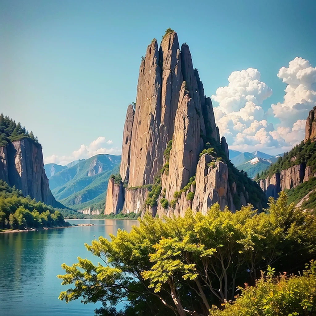 Masterpiece, best quality, high quality, extremely detailed CG unity 8k wallpaper, landscape, outdoor, sky, cloud, sky, no humans, mountain, landscape, water, tree, blue sky, waterfall, cliff, nature, lake, river , cloudy skies, award winning photography, bokeh, depth of field, HDR, bloom, chromatic aberration, photorealism, very detailed, trending on artstation, trending on CGsociety, intricate, high detail, dramatic, midjourney art