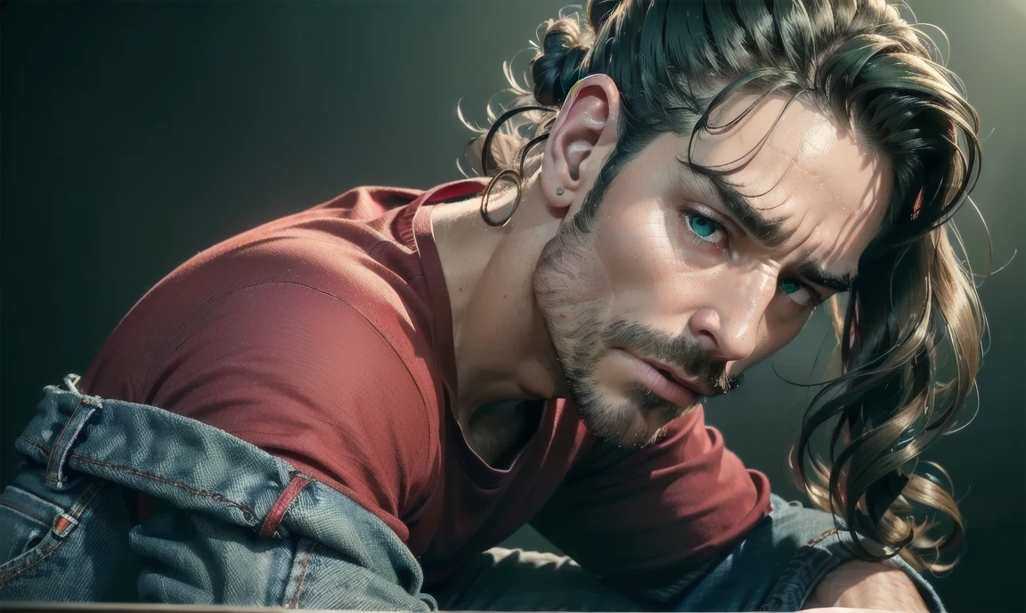 "((highly detailed, detailed eyes, detailed face, clear and realistic facial features, photorealistic, realistic light; cinematic)), (1 man), ((((small studio background)))), (((sophisticated gorgeous refined middle-aged male artist))), ((strangely beautiful yet masculine)), ((((intense fascinated expression)))), ((serene mood)), (((dark green eyes))), ((long wavy brunette hair tied up in plain man-bun)), (((dressed in a red shirt and jeans)))."
