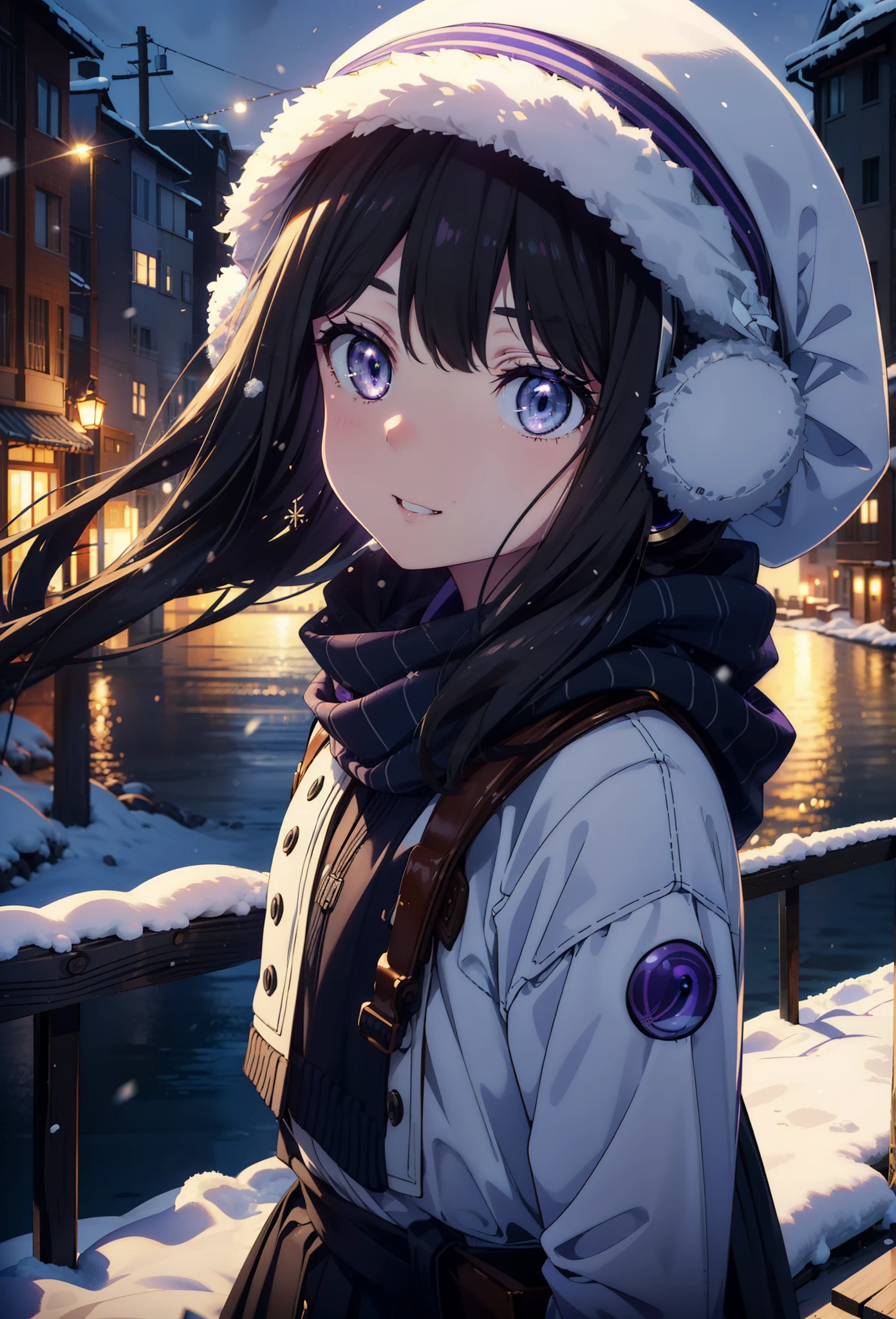Takiuchikami,Long Hair, bangs, Black Hair, (Purple eyes:1.2),happy smile, smile, Open your mouth,Knitted hat,Earmuffs,Blue oversized coat,White scarf,Long skirt,Black pantyhose,short boots,snowが積もっている,snowが降っている,winter,Cold Sky,night,moonlight,snow,snow,snow,snow,whole bodyがイラストに入るように,Walking,
break looking at viewer, whole body,
break outdoors, city,construction area,
break (masterpiece:1.2), highest qualそれy, High resolution, unそれy 8k wallpaper, (shape:0.8), (Beautiful and beautiful eyes:1.6), Highly detailed face, Perfect lighting, Extremely detailed CG, (Perfect hands, Perfect Anatomy),