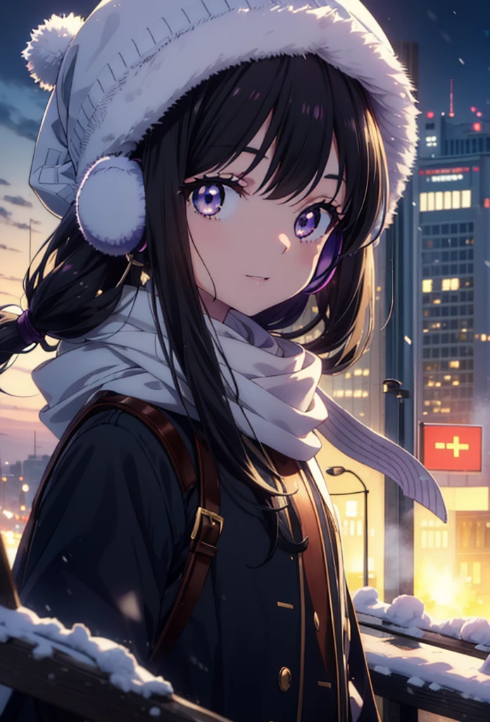 Takiuchikami,Long Hair, bangs, Black Hair, (Purple eyes:1.2),happy smile, smile, Open your mouth,Knitted hat,Earmuffs,Blue oversized coat,White scarf,Long skirt,Black pantyhose,short boots,snowが積もっている,snowが降っている,winter,Cold Sky,night,moonlight,snow,snow,snow,snow,whole bodyがイラストに入るように,Walking,
break looking at viewer, whole body,
break outdoors, city,construction area,
break (masterpiece:1.2), highest qualそれy, High resolution, unそれy 8k wallpaper, (shape:0.8), (Beautiful and beautiful eyes:1.6), Highly detailed face, Perfect lighting, Extremely detailed CG, (Perfect hands, Perfect Anatomy),