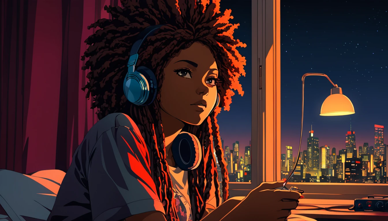 vintage anime t-shirt design, um mulher afro-americano com dreadlock, smoking cigarette sitting on her bed with a pair of headphones, in your room facing the window, looking at the dark night, illuminated by city LEDs, (extremely detailed face and body), swirly vibrant colors, (portraite), red color tone, dramatic lighting, (best qualityer, ultra detali, highres), realisitic, focal length 25mm.