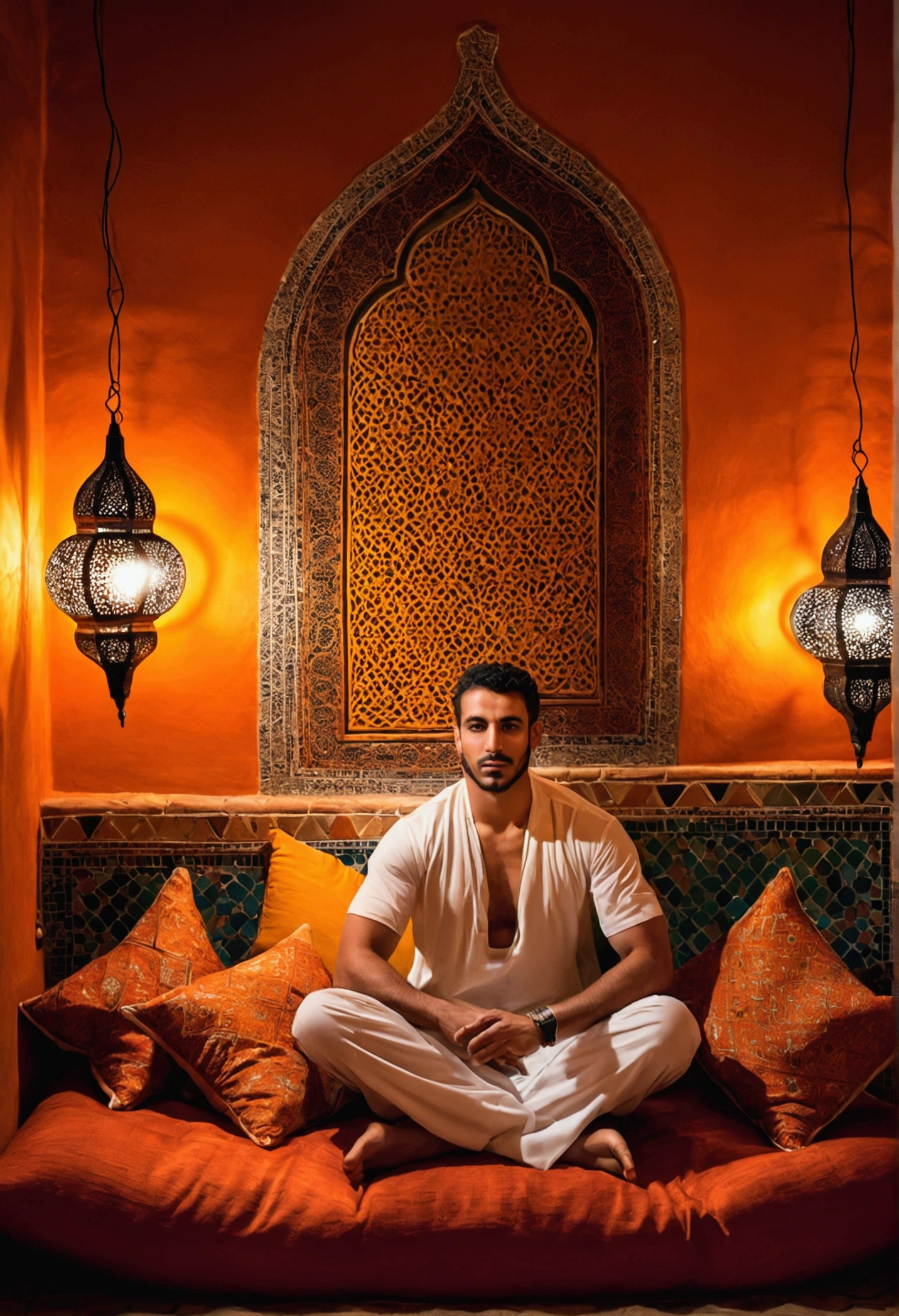 Add to the image a sexy young man sitting on the floor