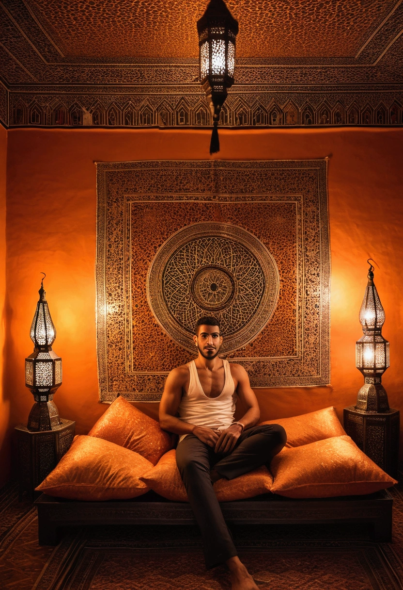 sexy man, Arab, in a moroccan room, with pillows, lamps, warm colors, at night