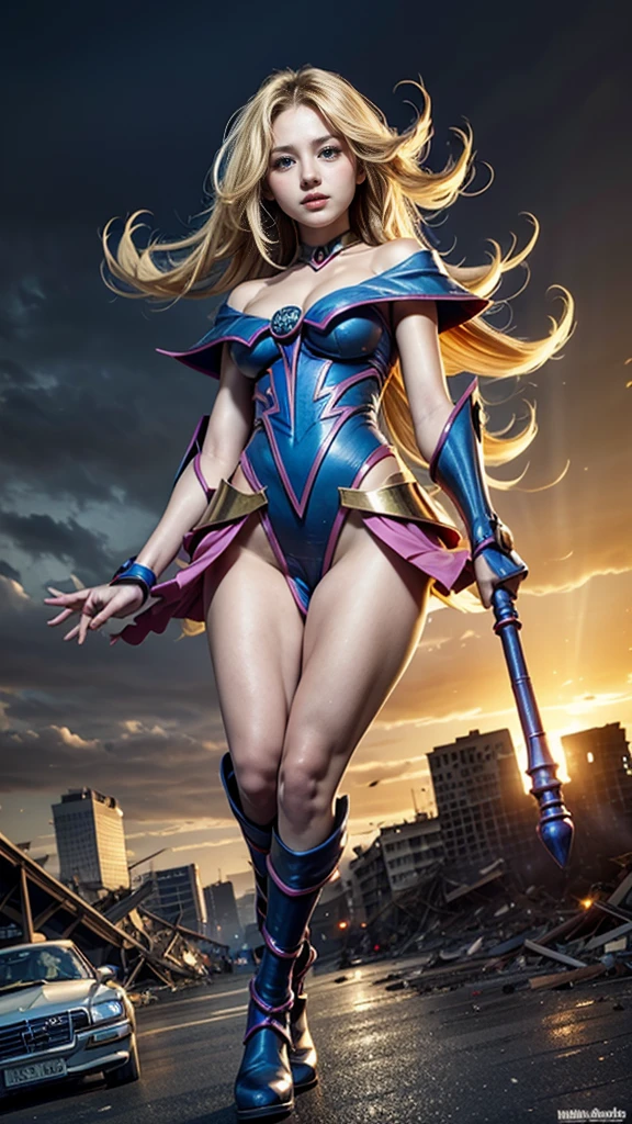 (Giantess element, high resolution, high quality, accurate body structure, detailed body), focus on girl,
BREAK,
(Black Magician Girl:1.3),sexy, combat uniform, girl, looking up at approaching woman from below, cute, girl destroying small town, mischievous expression, white skin, smiling, trampling, walking, anatomically correct, accurate human body, accurate skeleton, full body portrait, shock wave from girl's hand, (shock wave from magic wand),
BREAK,
destroying small town, rubble, burning small town, destroyed small building, collapsed highway, car being crushed, evacuation of residents, sunset, burning small town, rubble scattered at feet, taller than skyscrapers, increase destructive element, make city smaller,
BREAK,
blue-eyed monster, dragon flying in the sky background, (Blue Eyes White Dragon),