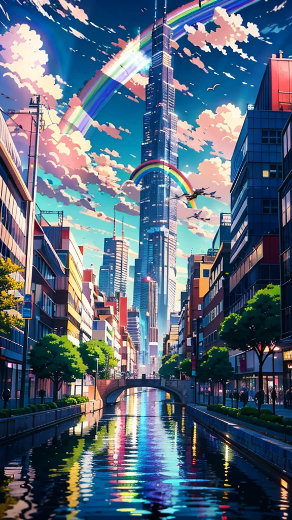 ((Rainbow Giant))、Anime girl looking at the big city scenery,近future都市、 Makoto Shinkai Cyril Rolland, anime art wallpaper 4k, anime art wallpaper 4k, Anime Art Wallpapers 8K, Inspired by Cyril Rolland, Dan Mumford&#39;s Artwork Style, dawn、wonderful壁紙, By Yuumei、16K, Ultra-high resolution, Ultra-high resolution, to be born,wonderful ,future、Iridescent、The world 30 years from now。
