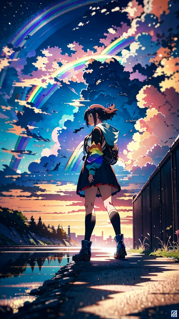 ((Rainbow Giant))、Anime girl looking at the big city scenery,近future都市、 Makoto Shinkai Cyril Rolland, anime art wallpaper 4k, anime art wallpaper 4k, Anime Art Wallpapers 8K, Inspired by Cyril Rolland, Dan Mumford&#39;s Artwork Style, dawn、wonderful壁紙, By Yuumei、16K, Ultra-high resolution, Ultra-high resolution, to be born,wonderful ,future、Iridescent、The world 30 years from now。