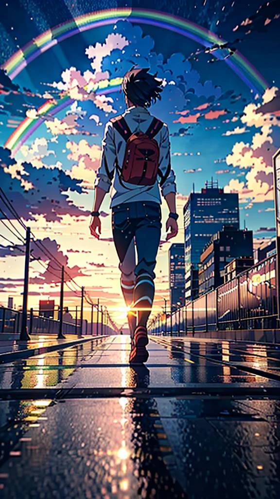 ((Rainbow Giant))、Anime girl looking at the big city scenery,近future都市、 Makoto Shinkai Cyril Rolland, anime art wallpaper 4k, anime art wallpaper 4k, Anime Art Wallpapers 8K, Inspired by Cyril Rolland, Dan Mumford's Artwork Style, dawn、wonderful壁紙, By Yuumei、16K, Ultra-high resolution, Ultra-high resolution, to be born,wonderful ,future、Iridescent、The world 30 years from now。