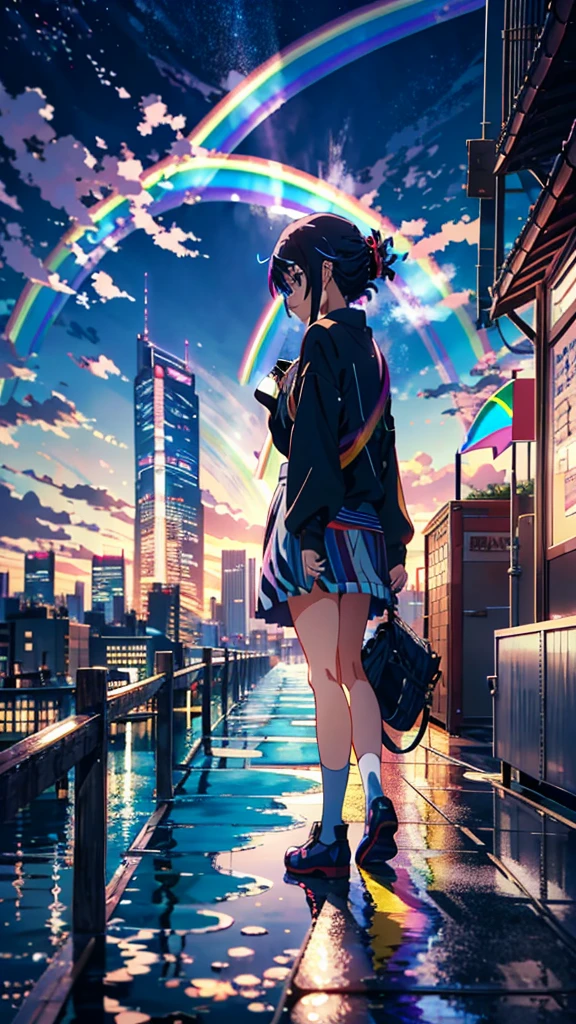 ((Rainbow Giant))、Anime girl looking at the big city scenery,近future都市、 Makoto Shinkai Cyril Rolland, anime art wallpaper 4k, anime art wallpaper 4k, Anime Art Wallpapers 8K, Inspired by Cyril Rolland, Dan Mumford&#39;s Artwork Style, dawn、wonderful壁紙, By Yuumei、16K, Ultra-high resolution, Ultra-high resolution, to be born,wonderful ,future、Iridescent、The world 30 years from now。