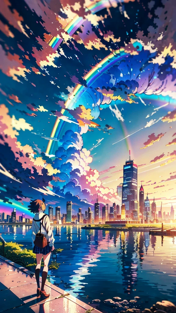 ((Rainbow Giant))、Anime girl looking at the big city scenery,近future都市、 Makoto Shinkai Cyril Rolland, anime art wallpaper 4k, anime art wallpaper 4k, Anime Art Wallpapers 8K, Inspired by Cyril Rolland, Dan Mumford's Artwork Style, dawn、wonderful壁紙, By Yuumei、16K, Ultra-high resolution, Ultra-high resolution, to be born,wonderful ,future、Iridescent、The world 30 years from now。