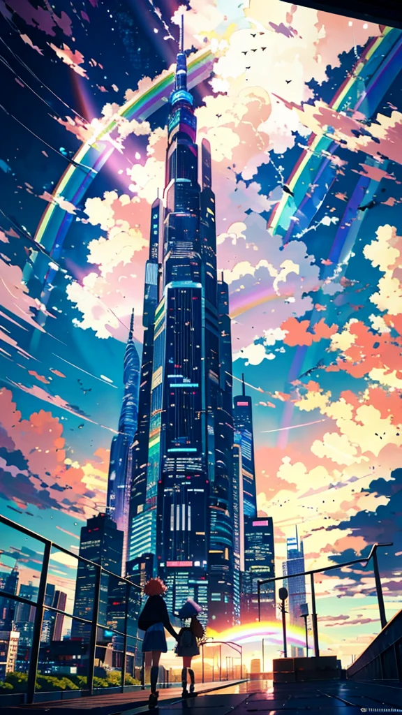 ((Rainbow Giant))、Anime girl looking at the big city scenery,近future都市、 Makoto Shinkai Cyril Rolland, anime art wallpaper 4k, anime art wallpaper 4k, Anime Art Wallpapers 8K, Inspired by Cyril Rolland, Dan Mumford&#39;s Artwork Style, dawn、wonderful壁紙, By Yuumei、16K, Ultra-high resolution, Ultra-high resolution, to be born,wonderful ,future、Iridescent、The world 30 years from now。