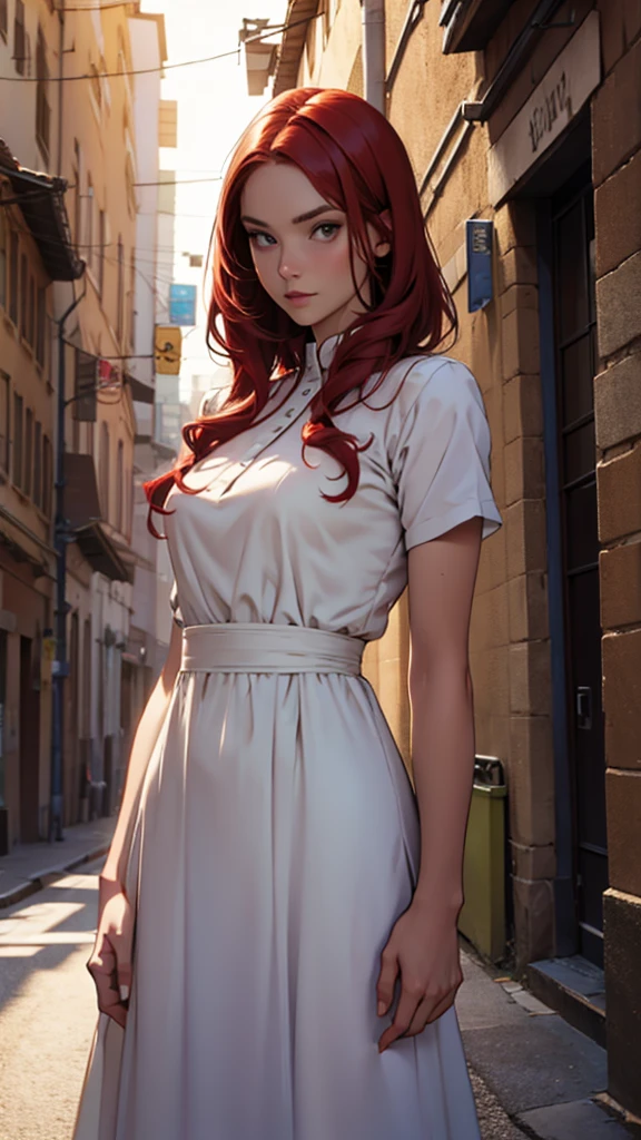 Slender redhead woman in realistic dress 