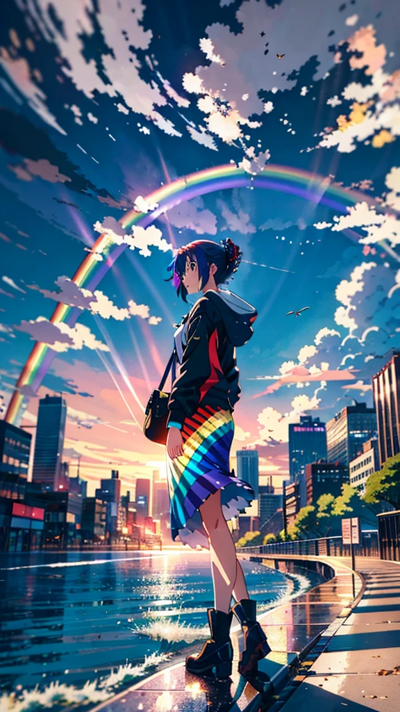((Rainbow Giant))、Anime girl looking at the big city scenery,近future都市、 Makoto Shinkai Cyril Rolland, anime art wallpaper 4k, anime art wallpaper 4k, Anime Art Wallpapers 8K, Inspired by Cyril Rolland, Dan Mumford&#39;s Artwork Style, dawn、wonderful壁紙, By Yuumei、16K, Ultra-high resolution, Ultra-high resolution, to be born,wonderful ,future、Iridescent、The world 30 years from now。