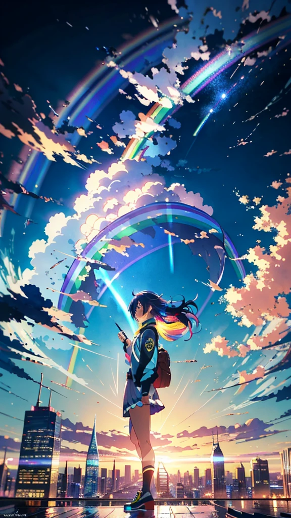 ((Rainbow Giant))、Anime girl looking at the big city scenery,近future都市、 Makoto Shinkai Cyril Rolland, anime art wallpaper 4k, anime art wallpaper 4k, Anime Art Wallpapers 8K, Inspired by Cyril Rolland, Dan Mumford's Artwork Style, dawn、wonderful壁紙, By Yuumei、16K, Ultra-high resolution, Ultra-high resolution, to be born,wonderful ,future、Iridescent、The world 30 years from now。