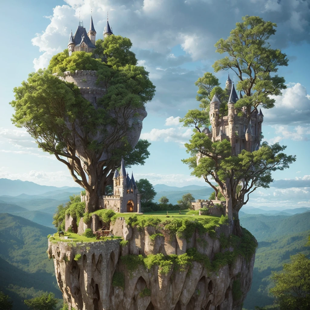 A An old castle on top of a giant tree in the middle of a dense forest with a magical aura emanating from inside the castle surrounded by trees and plants. fantasy world with tall, snowy mountains reaching into the sky through the clouds, 