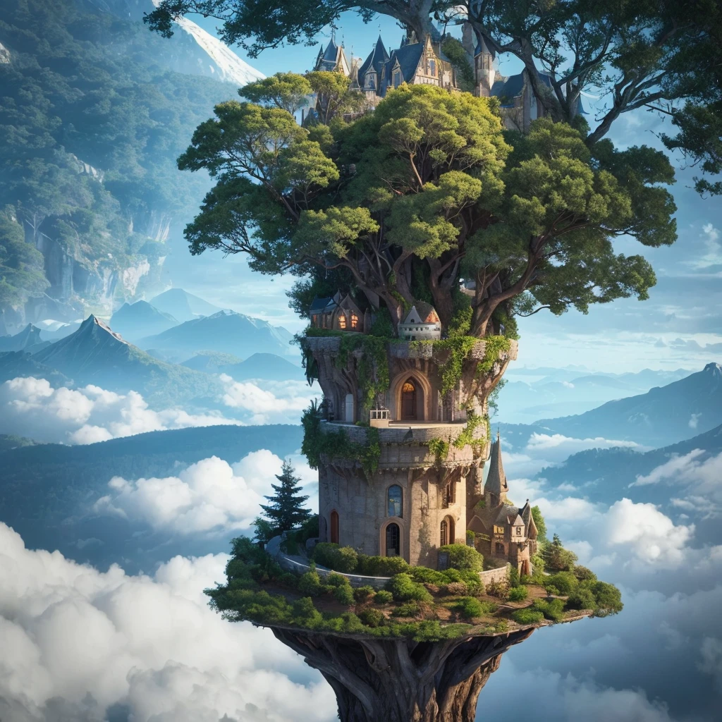 A An old castle on top of a giant tree in the middle of a dense forest with a magical aura emanating from inside the castle surrounded by trees and plants. fantasy world with tall, snowy mountains reaching into the sky through the clouds, 