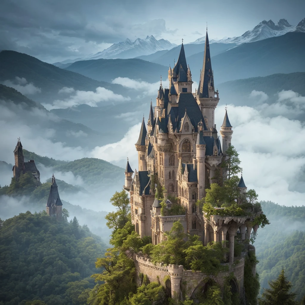 A An old castle on top of a giant tree in the middle of a dense forest with a magical aura emanating from inside the castle surrounded by trees and plants. fantasy world with tall, snowy mountains reaching into the sky through the clouds, 