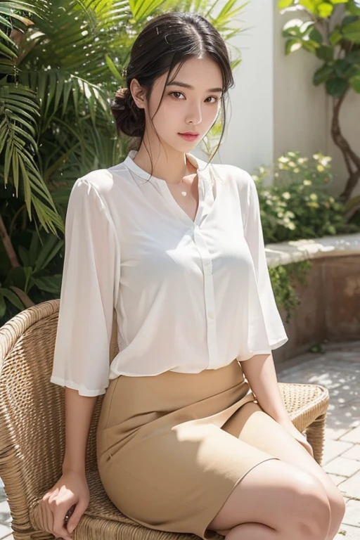 Very beautiful Japanese woman、Around 20 years old、layered cut、Sitting on a wicker chair、((Crossing your legs))、Scornful expression、((My skin is shining with sweat))、((My blouse is also wet with sweat.))、The breeze is stirring my hair、stylish、A stylish white blouse and an elegant beige skirt、Afternoon terrace of a French mansion、The sunlight illuminates the surrounding landscape in pure white.、french movie style、Professional photos with attention to detail、Photorealistic、Highest quality