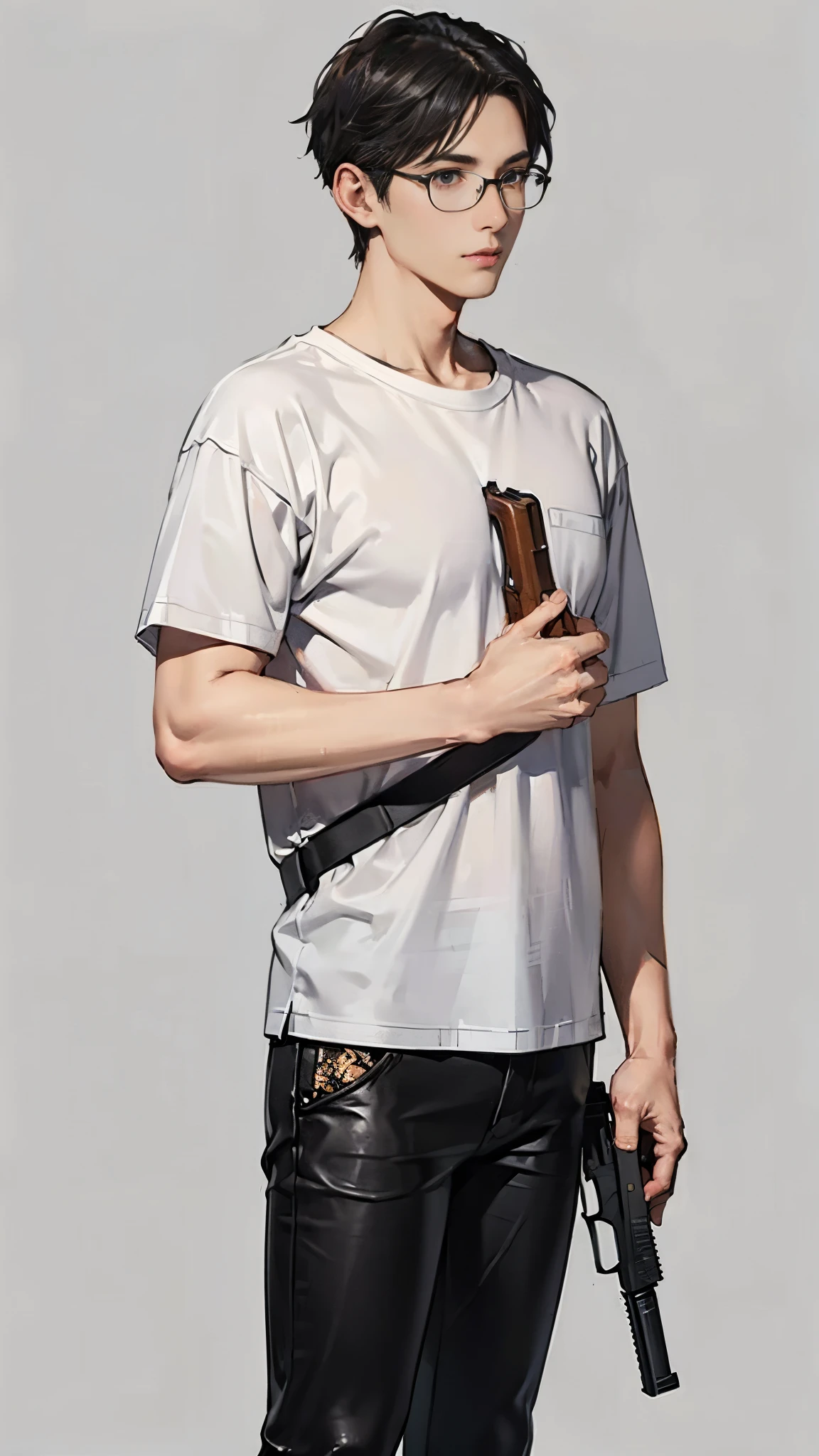 (Highest quality、masterpiece、High resolution、High quality)、(Colt Python 357 Magnum: 1.8、He has a gun in his right hand: 1.5)、(1 male: 1.8、Glasses、51 years old)、(Short gray hair: 1.3)、BREAK、(Pure white T-shirt: 1.5、black skinny pants: 1.7)、(Black leather shoes: 1.6)Left hand in trouser pocket、BREAK、。 Simple Background、Quiet Pose、Cool animation、uncle、Romance Gray、Upper Body、Ready your gun?。