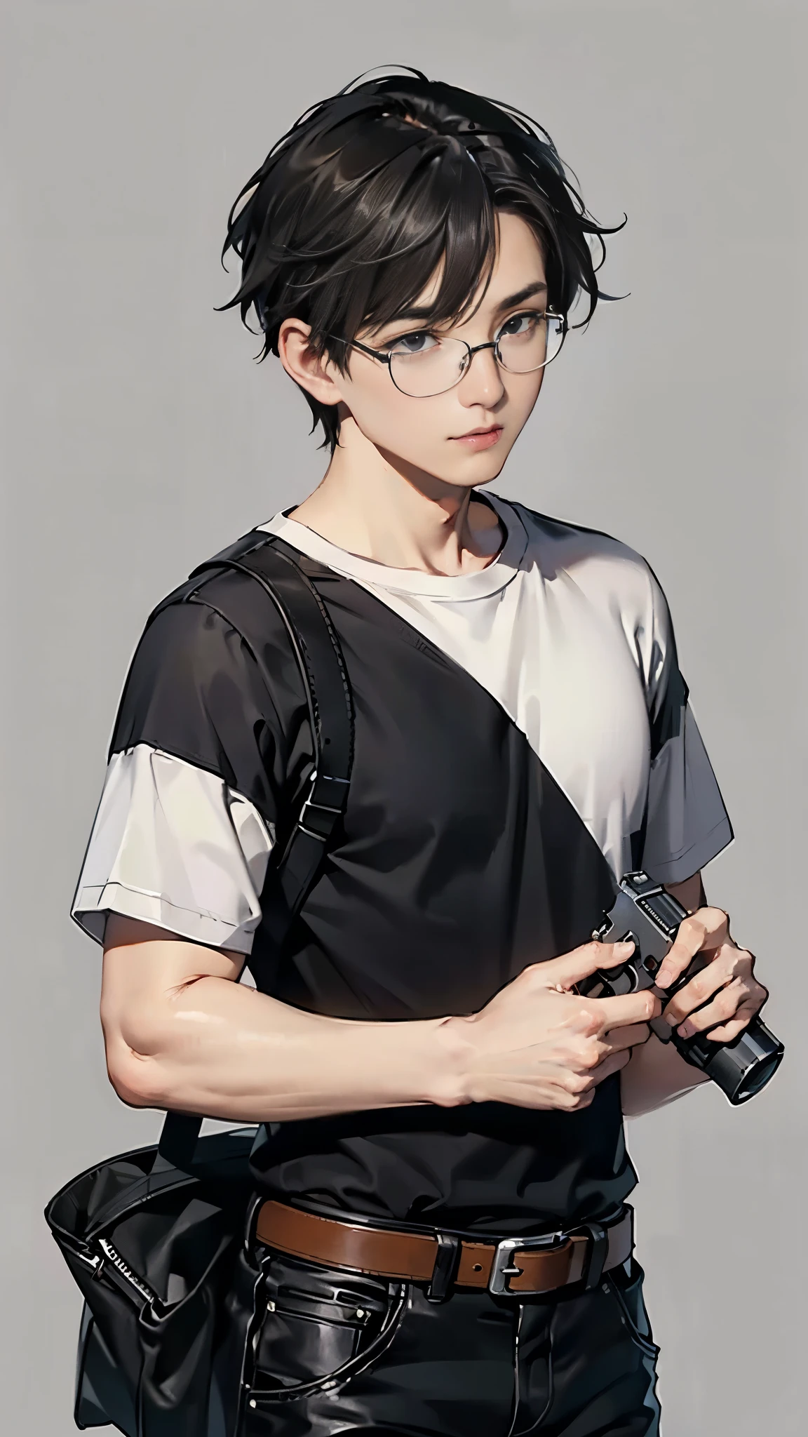 (Highest quality、masterpiece、High resolution、High quality)、(Colt Python 357 Magnum: 1.8、He has a gun in his right hand: 1.5)、(1 male: 1.8、Glasses、51 years old)、(Short gray hair: 1.3)、BREAK、(Pure white T-shirt: 1.5、black skinny pants: 1.7)、(Black leather shoes: 1.6)Left hand in trouser pocket、BREAK、。 Simple Background、Quiet Pose、Cool animation、uncle、Romance Gray、Upper Body、Ready your gun?。
