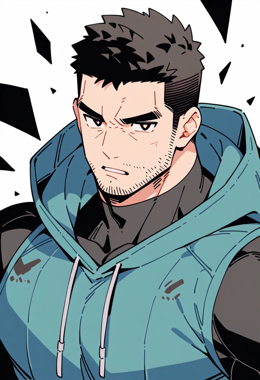 anime characters:Chris Redfield, Muscular tough guy, straight male, Buzz Cut, Manliness, male focus, Sports tight hooded sweatshirt, Wear a black high-necked tights inside, Very tight, Huge chest muscles, muscular male, muscular, only, Upper body, alone, Red short hair, Thick eyebrows, stubble, Brown-red pupils, White background, simple background, amazing quality, best aesthetics, Ridiculous, crew cut, parted lips, bright pupils, frown, angry, negative space, best quality
