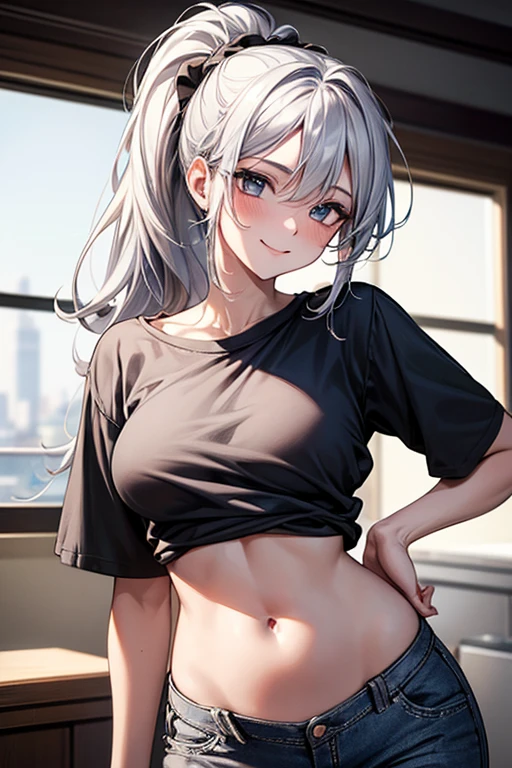 High resolution, masterpiece, accurate, Anatomically correct, Highest quality, Retina, ponytail, Silver Hair,Smiling gently, Overlooking, sexy, Bold, Perm, skinny, E Cup, Medium, semi-long, Pants Style, Plain T-shirt, Belly button