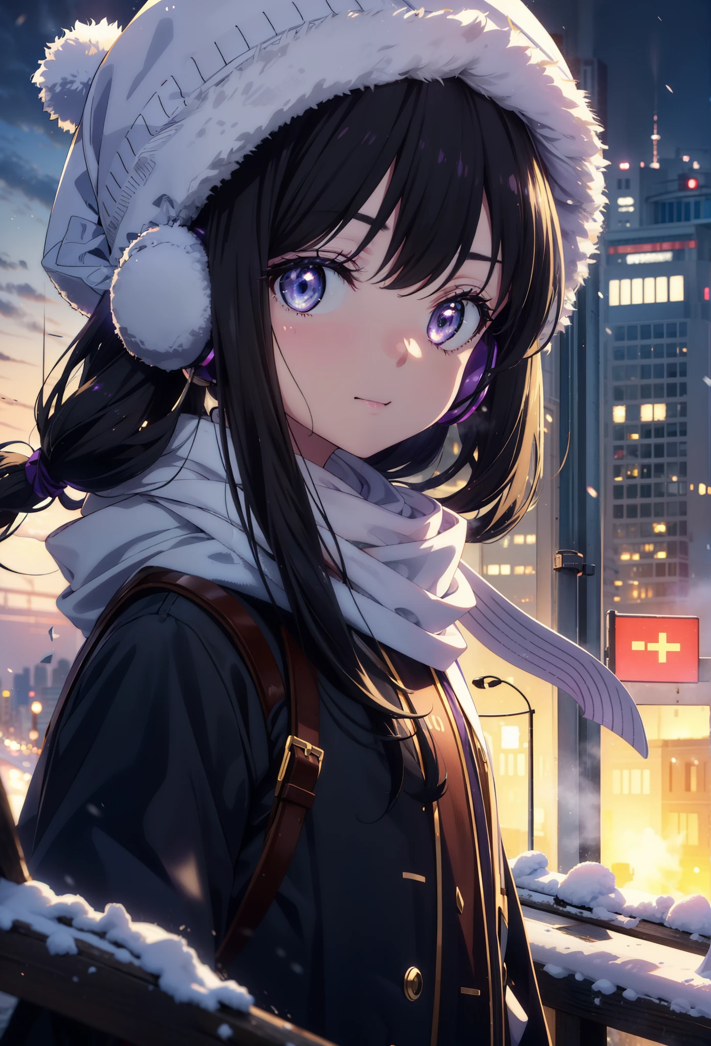 Takiuchikami,Long Hair, bangs, Black Hair, (Purple eyes:1.2),happy smile, smile, Open your mouth,Knitted hat,Earmuffs,Blue oversized coat,White scarf,Long skirt,Black pantyhose,short boots,snowが積もっている,snowが降っている,winter,Cold Sky,night,moonlight,snow,snow,snow,snow,whole bodyがイラストに入るように,Walking,
break looking at viewer, whole body,
break outdoors, city,construction area,
break (masterpiece:1.2), highest qualそれy, High resolution, unそれy 8k wallpaper, (shape:0.8), (Beautiful and beautiful eyes:1.6), Highly detailed face, Perfect lighting, Extremely detailed CG, (Perfect hands, Perfect Anatomy),