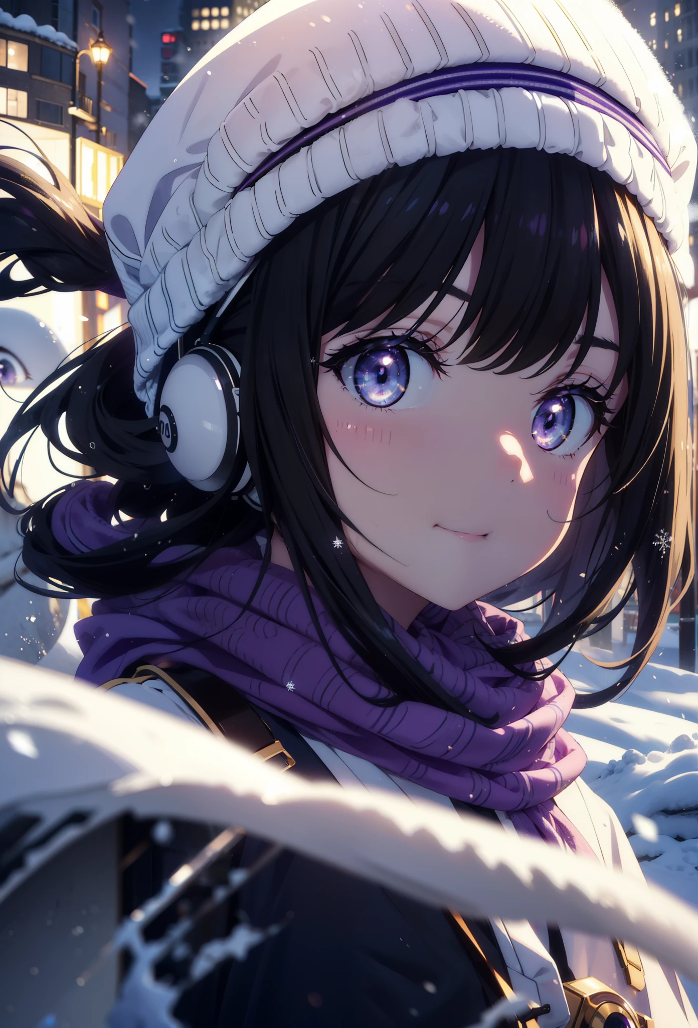 Takiuchikami,Long Hair, bangs, Black Hair, (Purple eyes:1.2),happy smile, smile, Open your mouth,Knitted hat,Earmuffs,Blue oversized coat,White scarf,Long skirt,Black pantyhose,short boots,snowが積もっている,snowが降っている,winter,Cold Sky,night,moonlight,snow,snow,snow,snow,whole bodyがイラストに入るように,Walking,
break looking at viewer, whole body,
break outdoors, city,construction area,
break (masterpiece:1.2), highest qualそれy, High resolution, unそれy 8k wallpaper, (shape:0.8), (Beautiful and beautiful eyes:1.6), Highly detailed face, Perfect lighting, Extremely detailed CG, (Perfect hands, Perfect Anatomy),