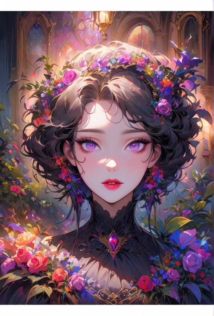 anime,beautiful detailed eyes,beautiful detailed lips,extremely detailed eyes and face,longeyelashes,colorful,vivid colors,portrait,landscape,horror,studio lighting,sharp focus,physically-based rendering,extreme detail description,professional,bokeh,HDR,UHD,ultra-fine painting,concept artists,gothic,Victorian-style bedroom,beautiful witch,dark atmosphere,vibrant colors,soft lighting,enchanted plants,flowing lavender,anime-style characters,mysterious shadows,exquisite details,vintage furniture,luxurious textures,eye-catching composition,romantic mood,rose,kissmark,monochrome,