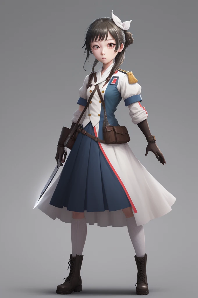 Field Medic Woman, masterpiece, high quality, Game character design, Anime illustration style, simple flat background, (Little:0.9), whole body, Diagonal angle, View your viewers, Dynamic pose, Holding a dagger, Text only,